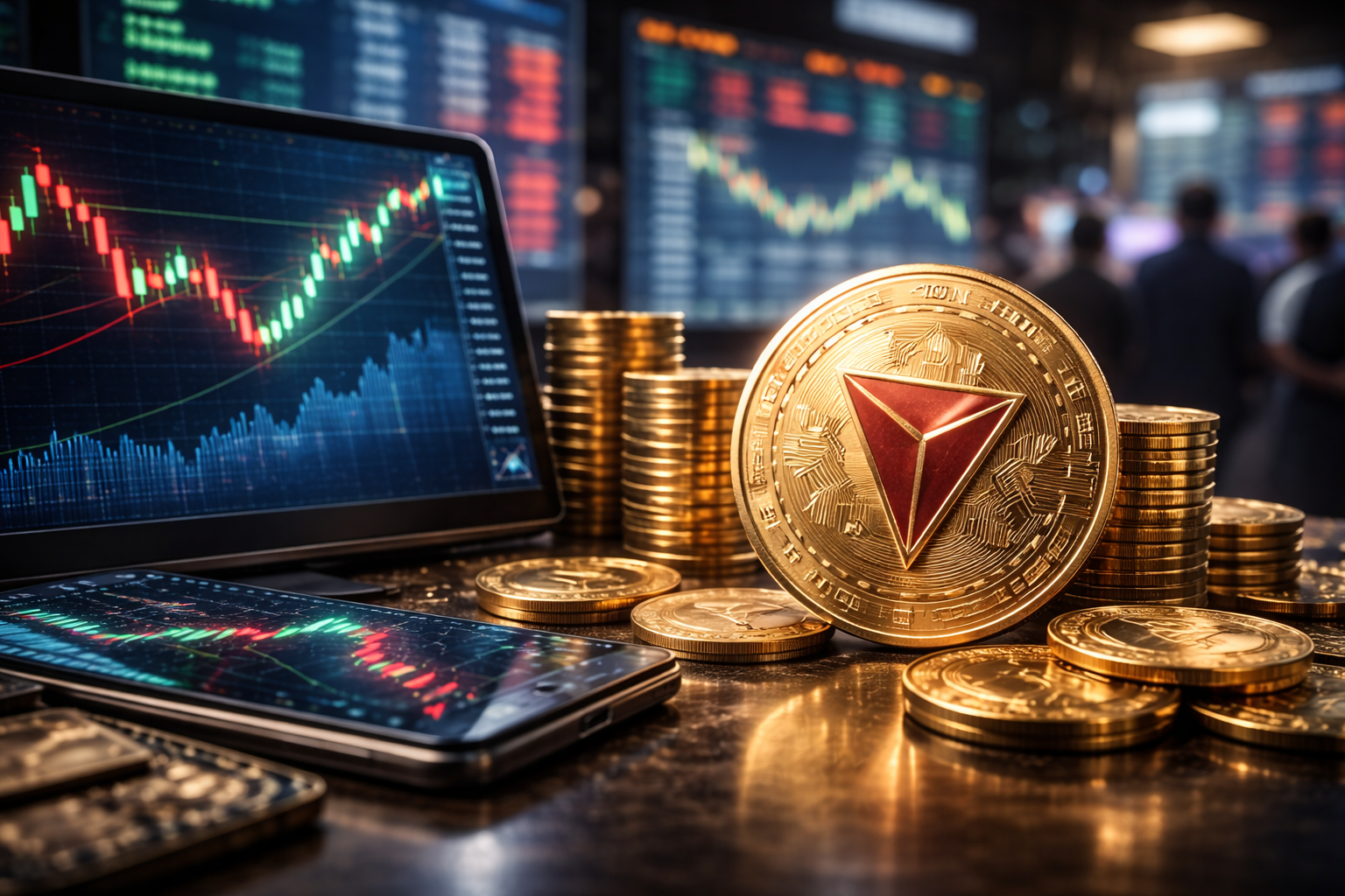 TRX cryptocurrency coin displayed on a trading desk with stacked coins and digital market charts in the background.