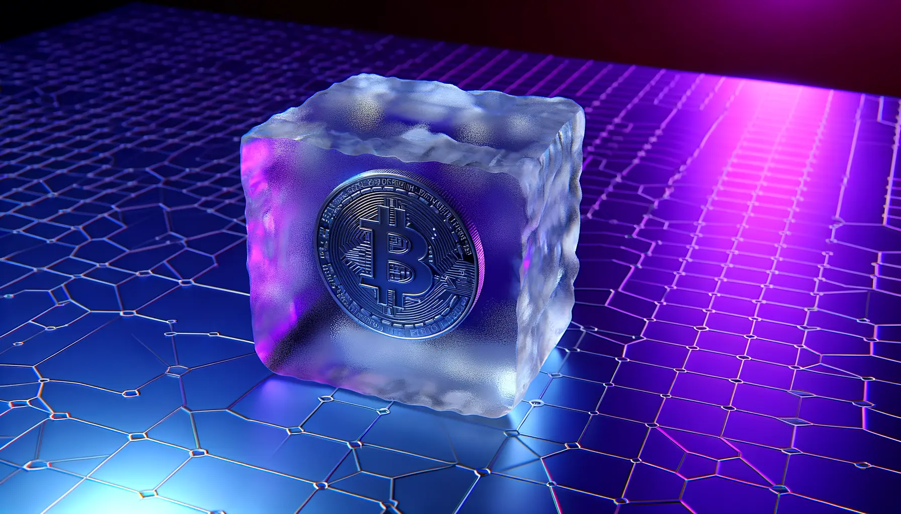 Frozen cryptocurrency governance token encased in ice with magenta blockchain grid overlay