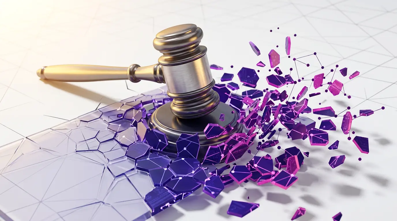 Solana News: South Korea Sets DeFi Precedent with First DEX Rug Pull Criminal Case 3D gavel striking digital blockchain surface with purple and magenta fragments representing DeFi regulation