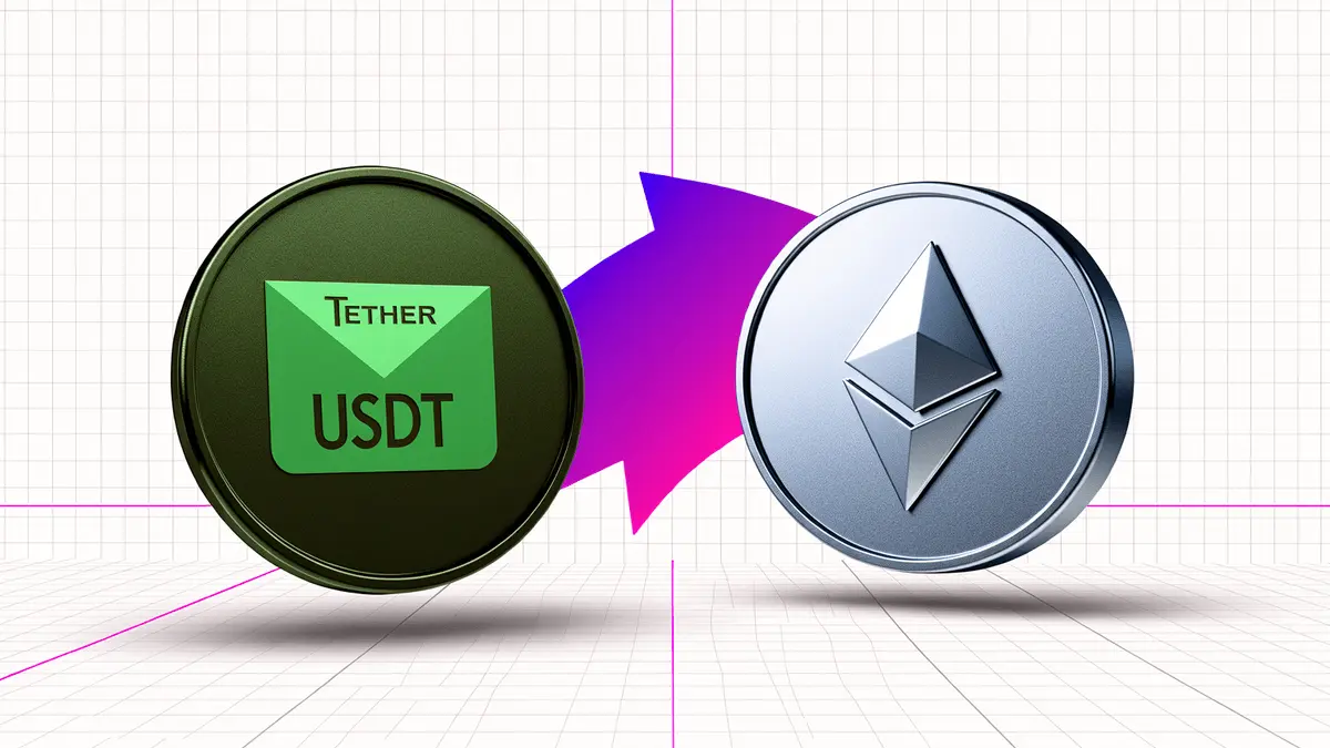 Tether USDT and Ethereum coins illustrating market cap flip with gradient wave between them