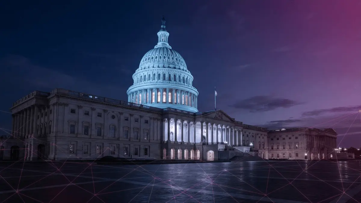 US Capitol building at dusk with modern grid overlay, representing legislative crypto regulation debate