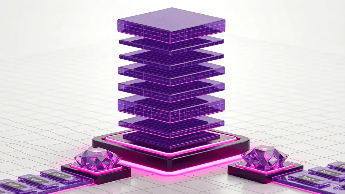 XRPL blockchain transaction priority mechanism with purple and magenta geometric blocks in clean studio setting