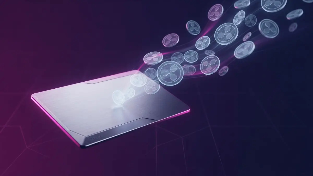 Credit card with holographic XRP coins emerging, representing Japan's crypto loyalty program integration