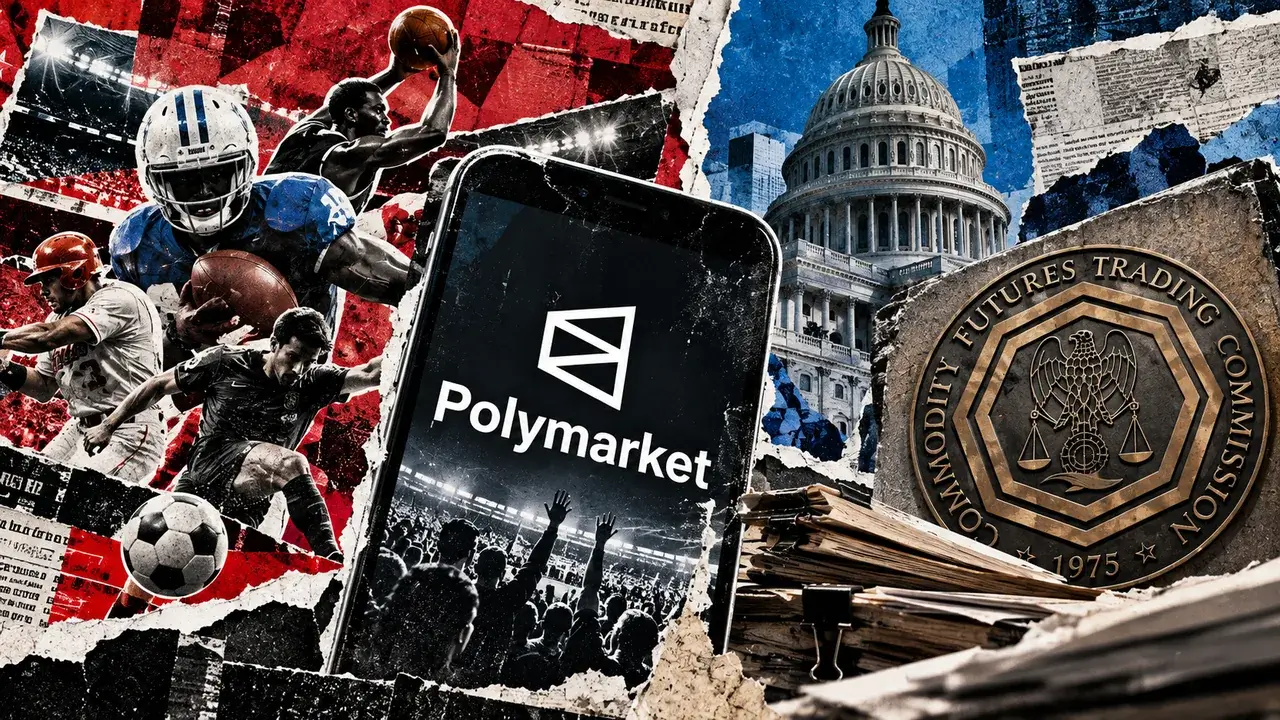 Polymarket phone surrounded by sports imagery, legal documents, the US Capitol, and federal regulatory insignia.